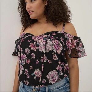 Torrid Floral Print Clip Dot Cold Shoulder Blouse